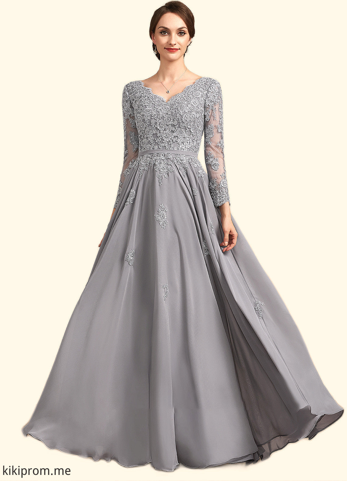 Guadalupe A-Line V-neck Floor-Length Chiffon Lace Mother of the Bride Dress STF126P0014881