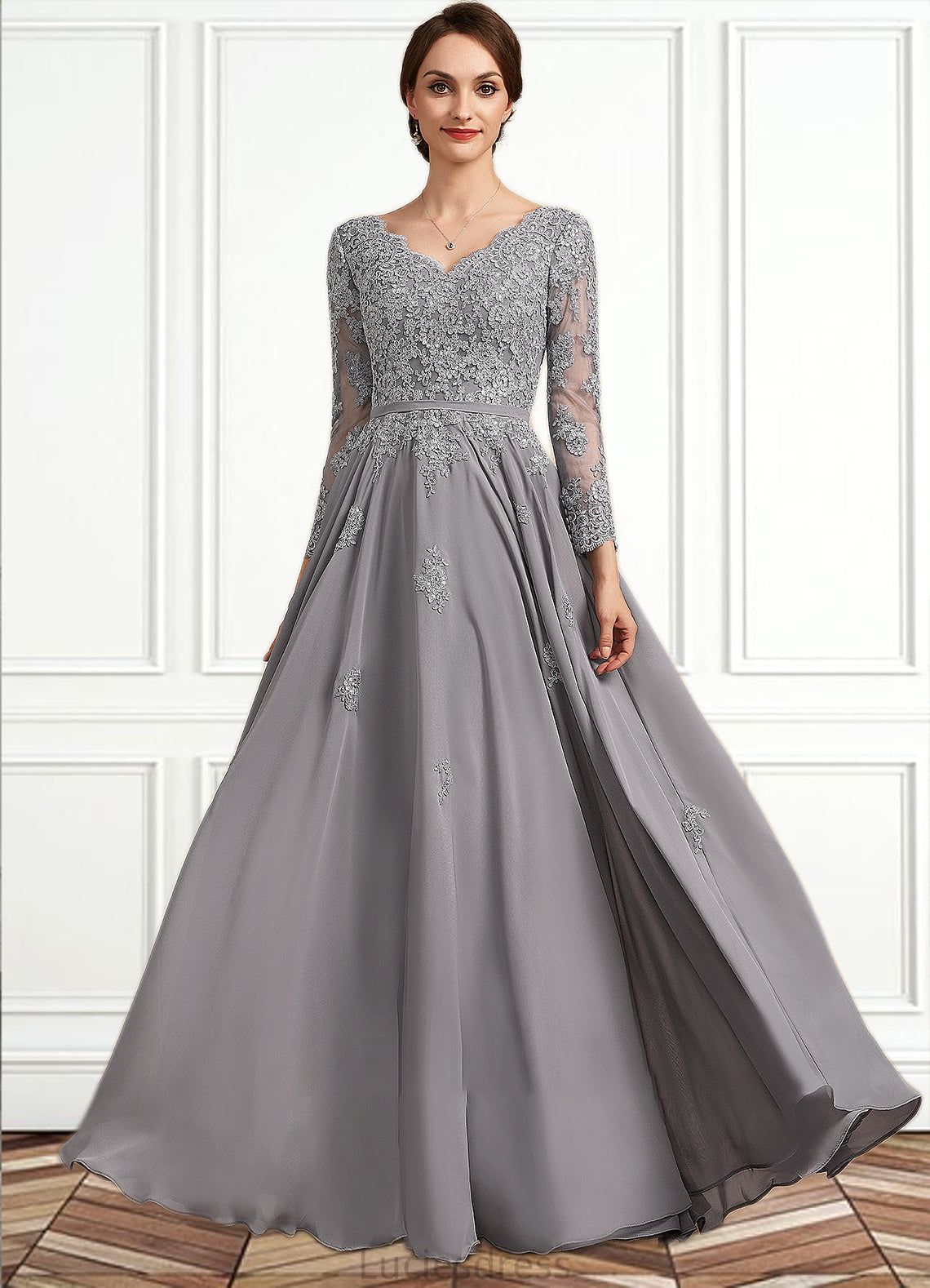 Peyton A-Line V-neck Floor-Length Chiffon Lace Mother of the Bride Dress HF126P0014881