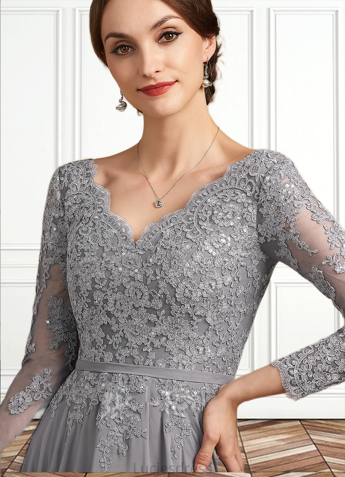 Peyton A-Line V-neck Floor-Length Chiffon Lace Mother of the Bride Dress HF126P0014881