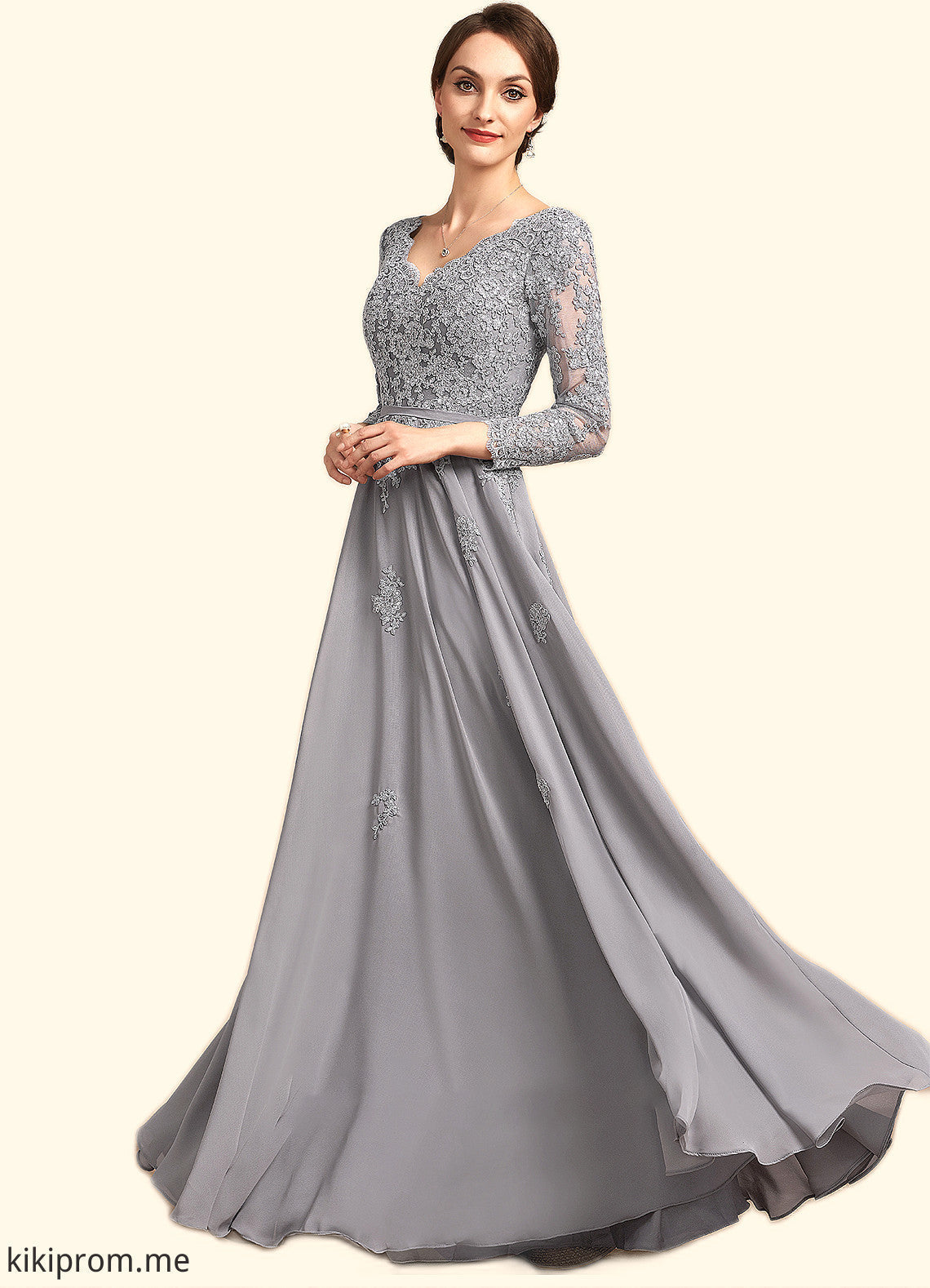 Guadalupe A-Line V-neck Floor-Length Chiffon Lace Mother of the Bride Dress STF126P0014881