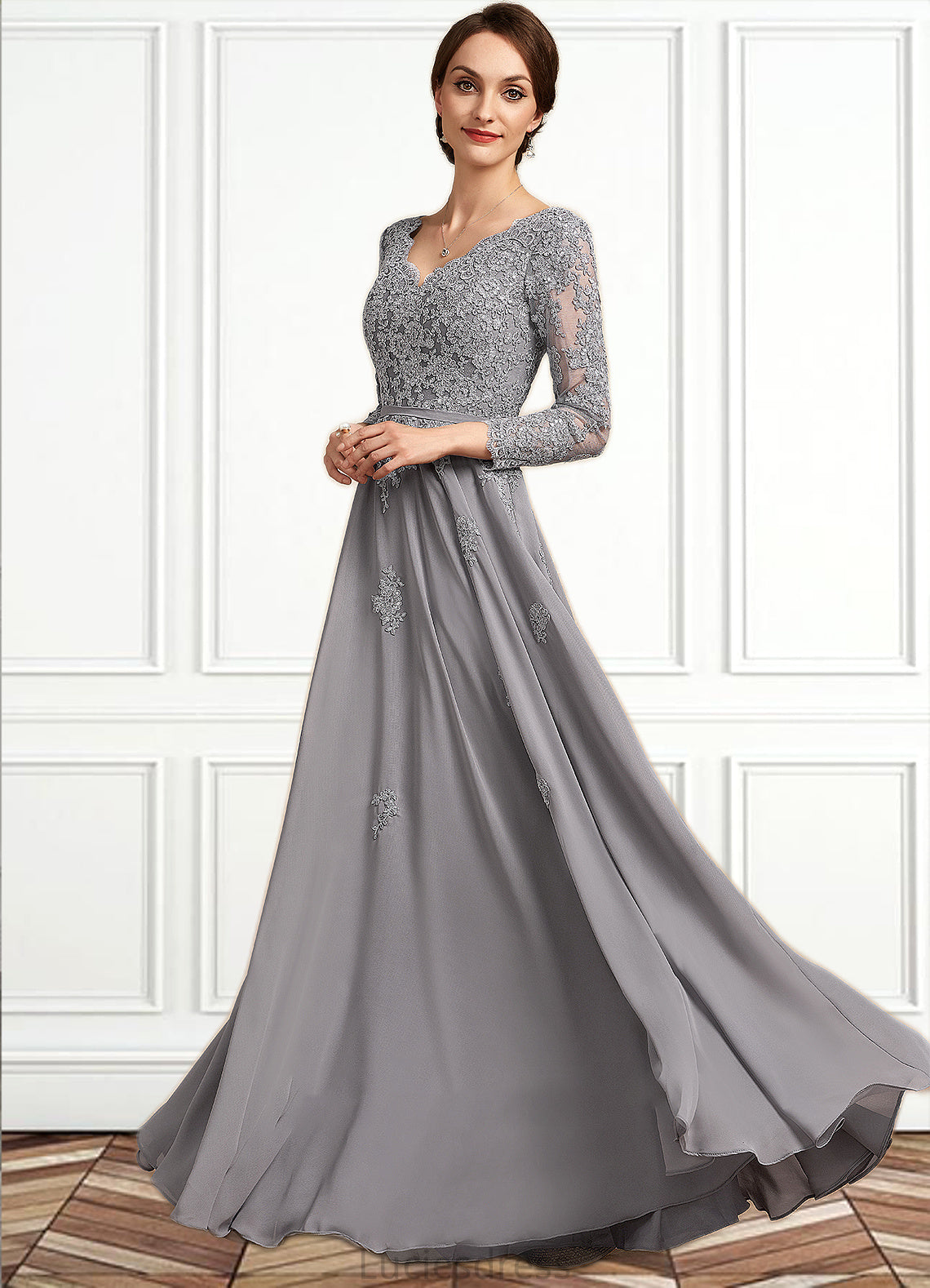 Peyton A-Line V-neck Floor-Length Chiffon Lace Mother of the Bride Dress HF126P0014881