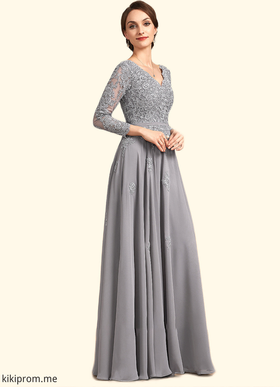 Guadalupe A-Line V-neck Floor-Length Chiffon Lace Mother of the Bride Dress STF126P0014881