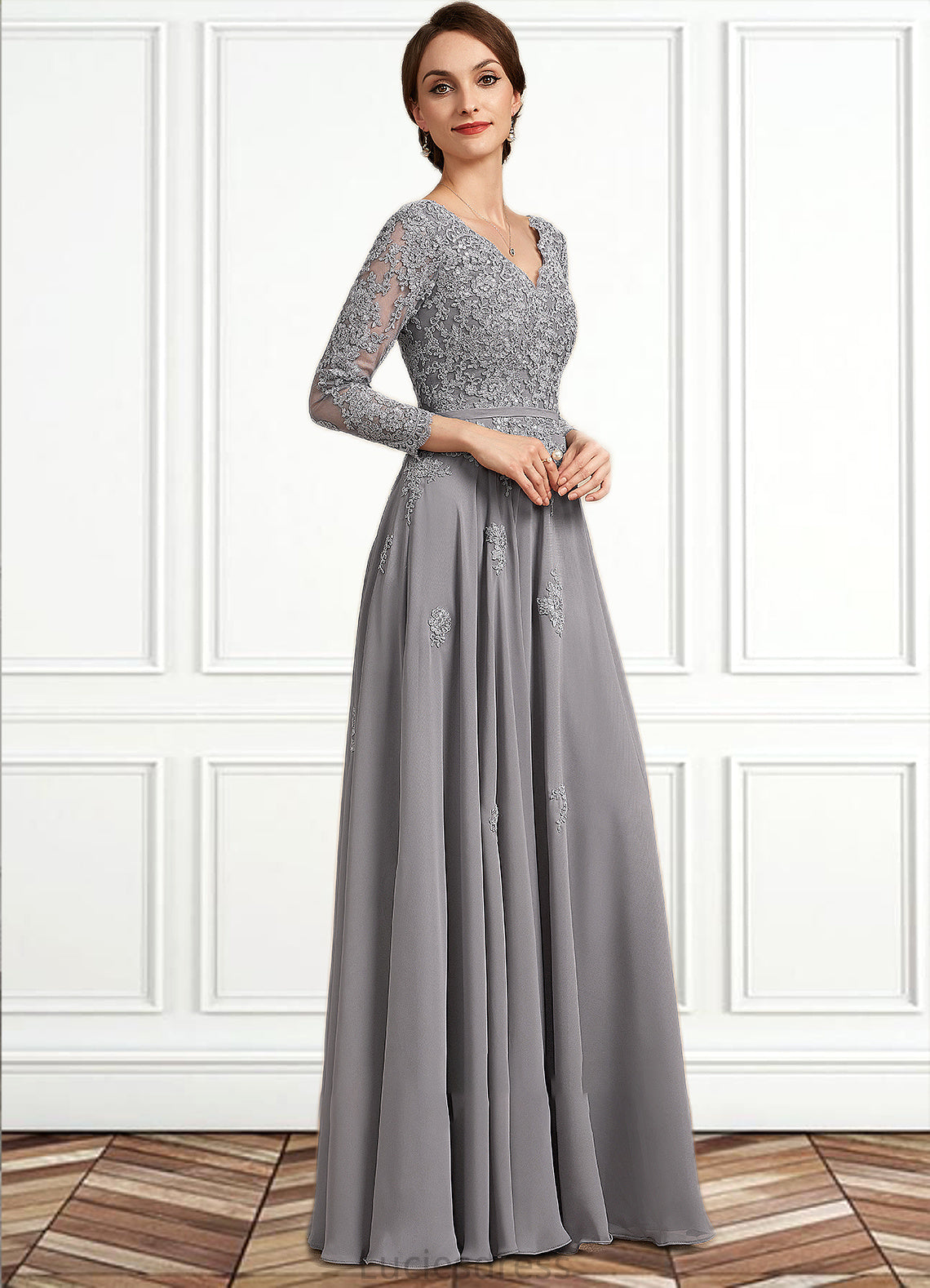 Peyton A-Line V-neck Floor-Length Chiffon Lace Mother of the Bride Dress HF126P0014881