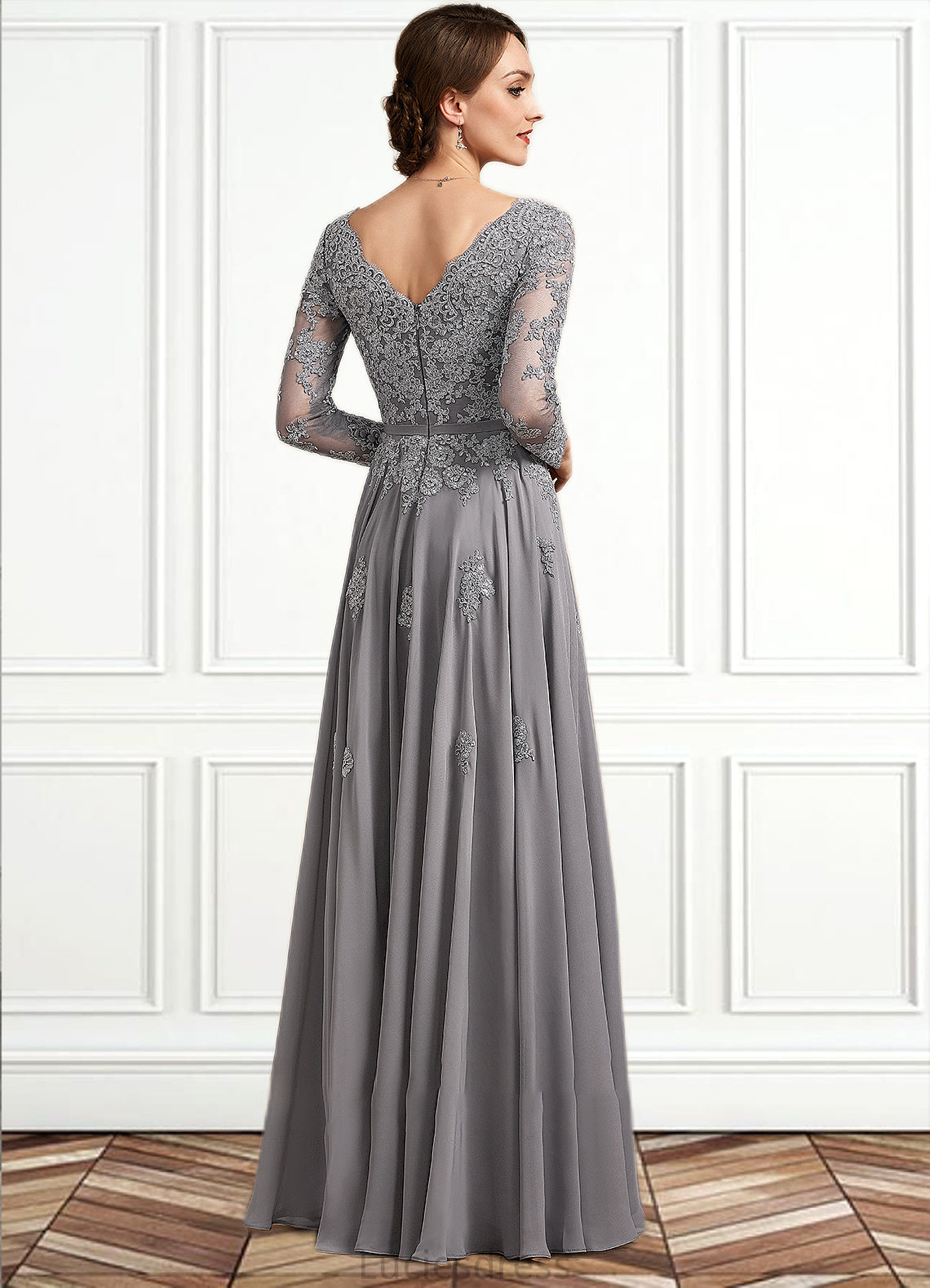 Peyton A-Line V-neck Floor-Length Chiffon Lace Mother of the Bride Dress HF126P0014881