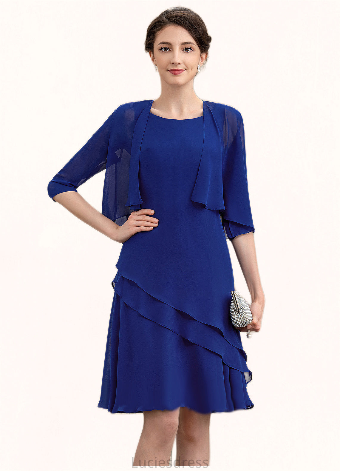 Karley A-Line Scoop Neck Knee-Length Chiffon Mother of the Bride Dress With Cascading Ruffles HF126P0014884