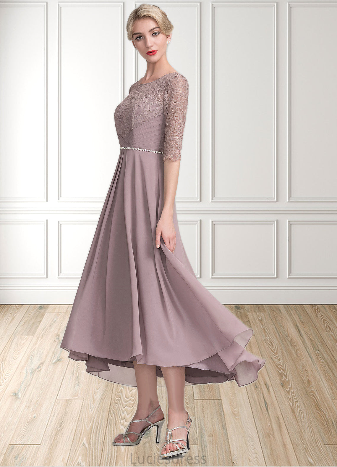 Parker A-Line Scoop Neck Asymmetrical Chiffon Lace Mother of the Bride Dress With Beading HF126P0014885