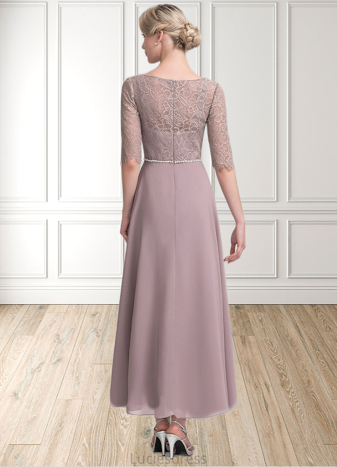 Parker A-Line Scoop Neck Asymmetrical Chiffon Lace Mother of the Bride Dress With Beading HF126P0014885