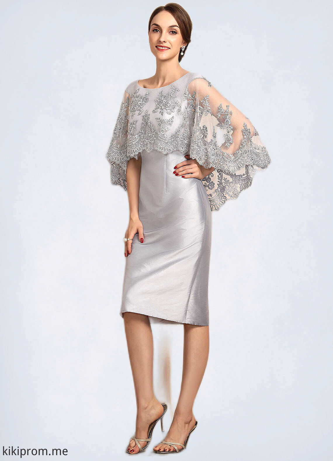 Janey Sheath/Column Scoop Neck Knee-Length Taffeta Lace Mother of the Bride Dress With Beading Sequins STF126P0014886