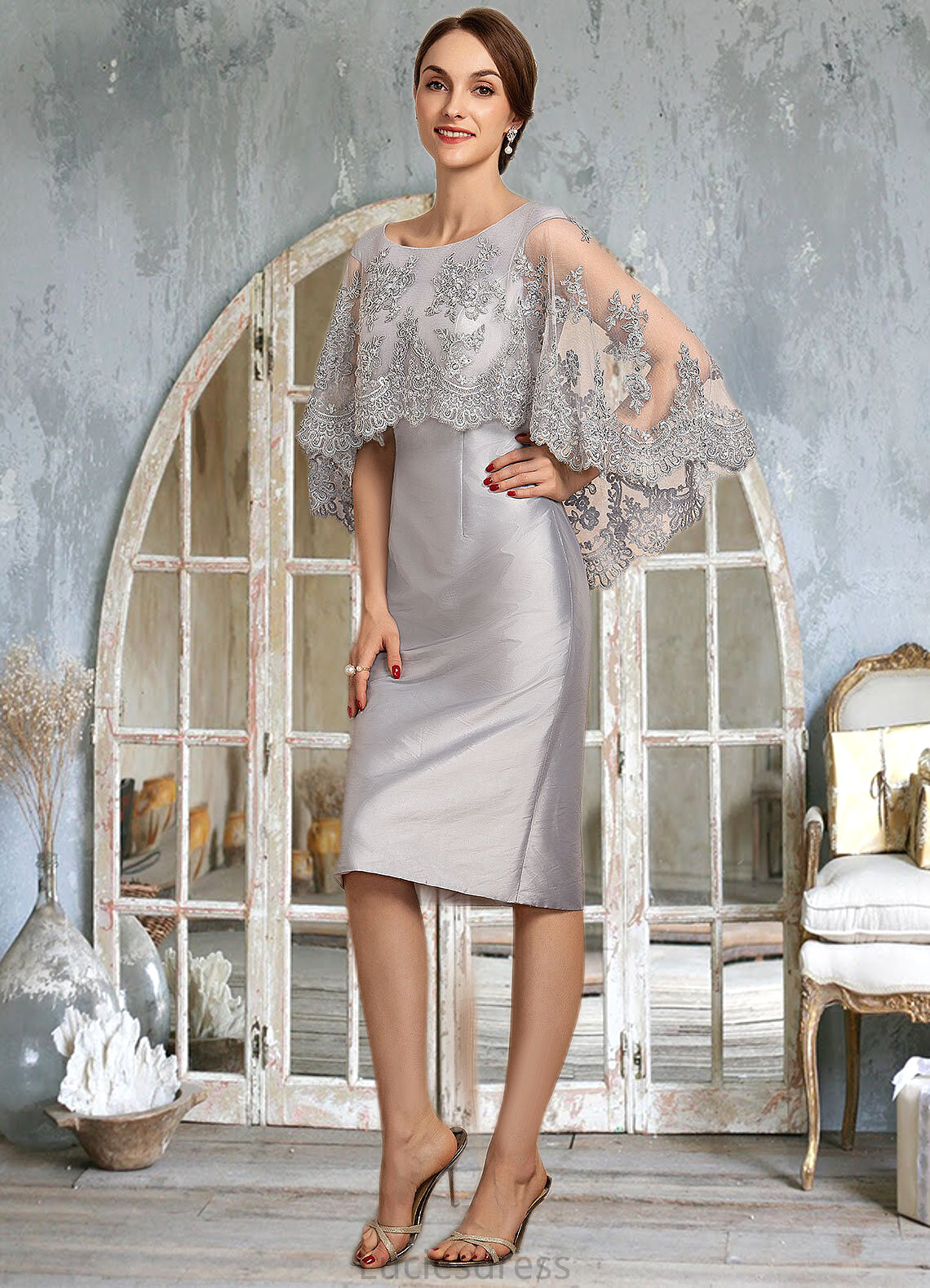 Kailee Sheath/Column Scoop Neck Knee-Length Taffeta Lace Mother of the Bride Dress With Beading Sequins HF126P0014886