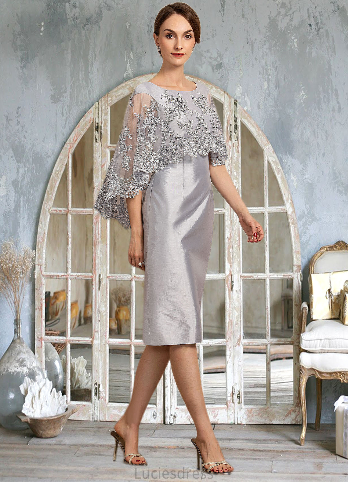 Kailee Sheath/Column Scoop Neck Knee-Length Taffeta Lace Mother of the Bride Dress With Beading Sequins HF126P0014886