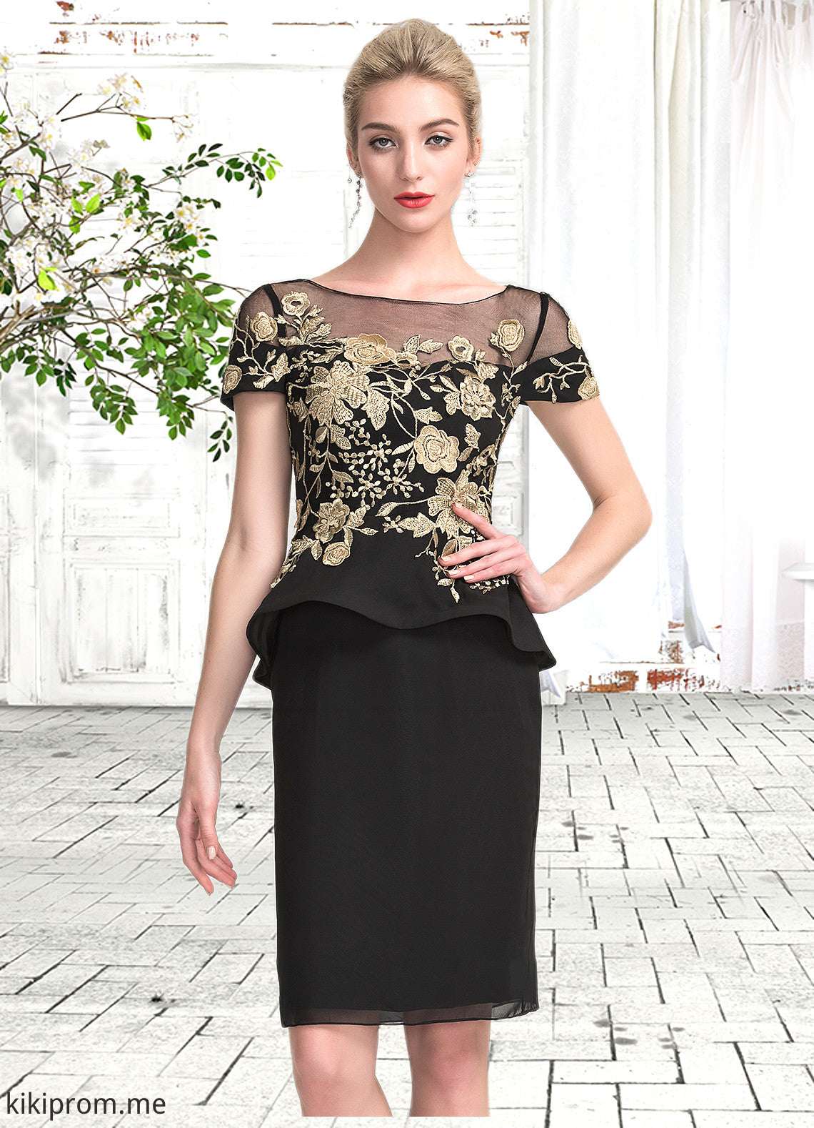 Janelle Sheath/Column Scoop Neck Knee-Length Chiffon Mother of the Bride Dress With Lace Cascading Ruffles STF126P0014887