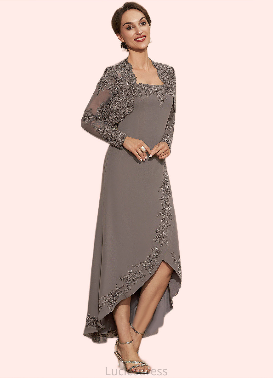 Alexandra A-Line Square Neckline Asymmetrical Chiffon Mother of the Bride Dress With Appliques Lace Sequins HF126P0014888