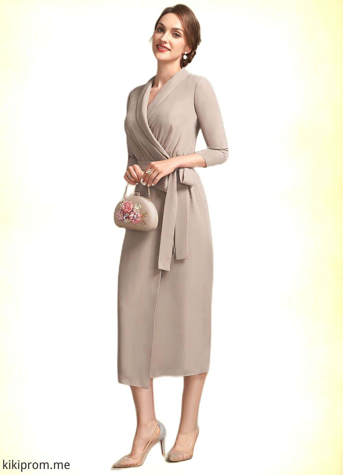 Regan Sheath/Column V-neck Tea-Length Chiffon Mother of the Bride Dress With Bow(s) STF126P0014891