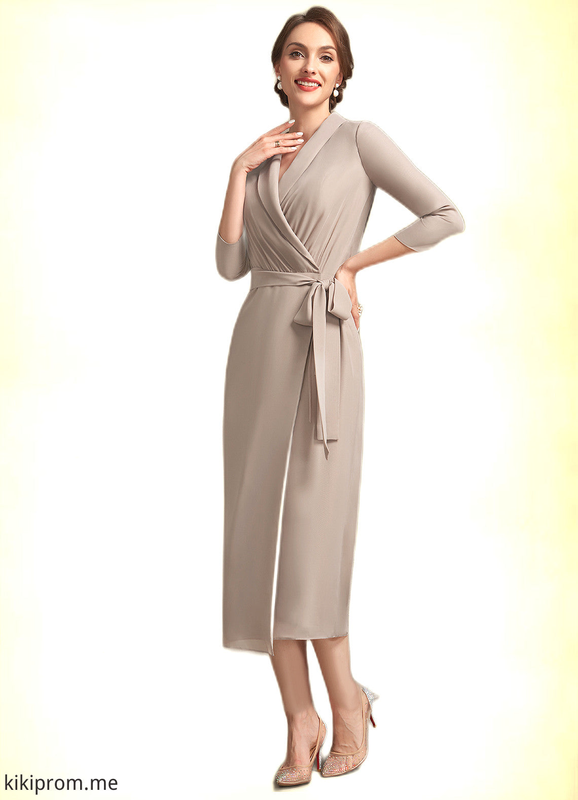 Regan Sheath/Column V-neck Tea-Length Chiffon Mother of the Bride Dress With Bow(s) STF126P0014891