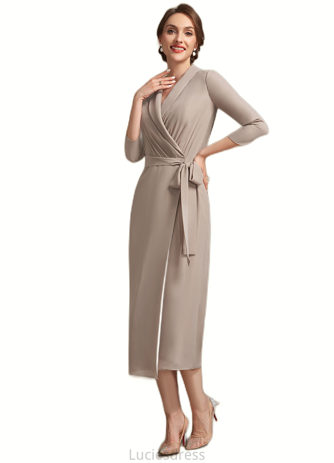 Jaidyn Sheath/Column V-neck Tea-Length Chiffon Mother of the Bride Dress With Bow(s) HF126P0014891