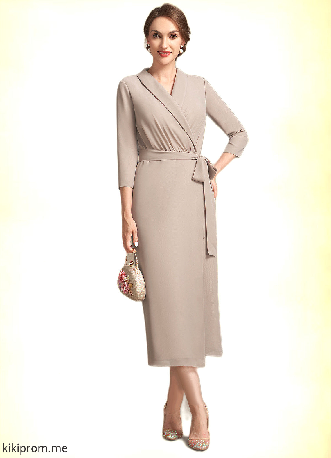 Regan Sheath/Column V-neck Tea-Length Chiffon Mother of the Bride Dress With Bow(s) STF126P0014891