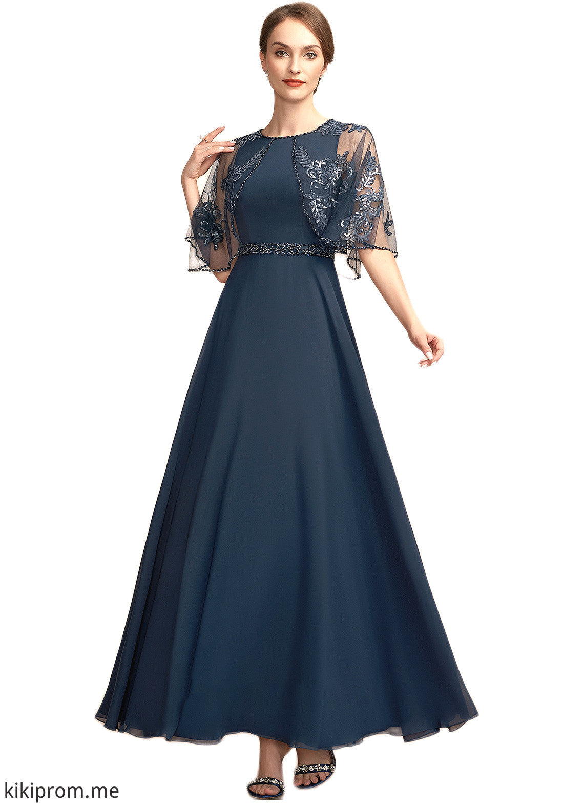 Linda A-Line Scoop Neck Ankle-Length Chiffon Lace Mother of the Bride Dress With Beading Sequins STF126P0014892