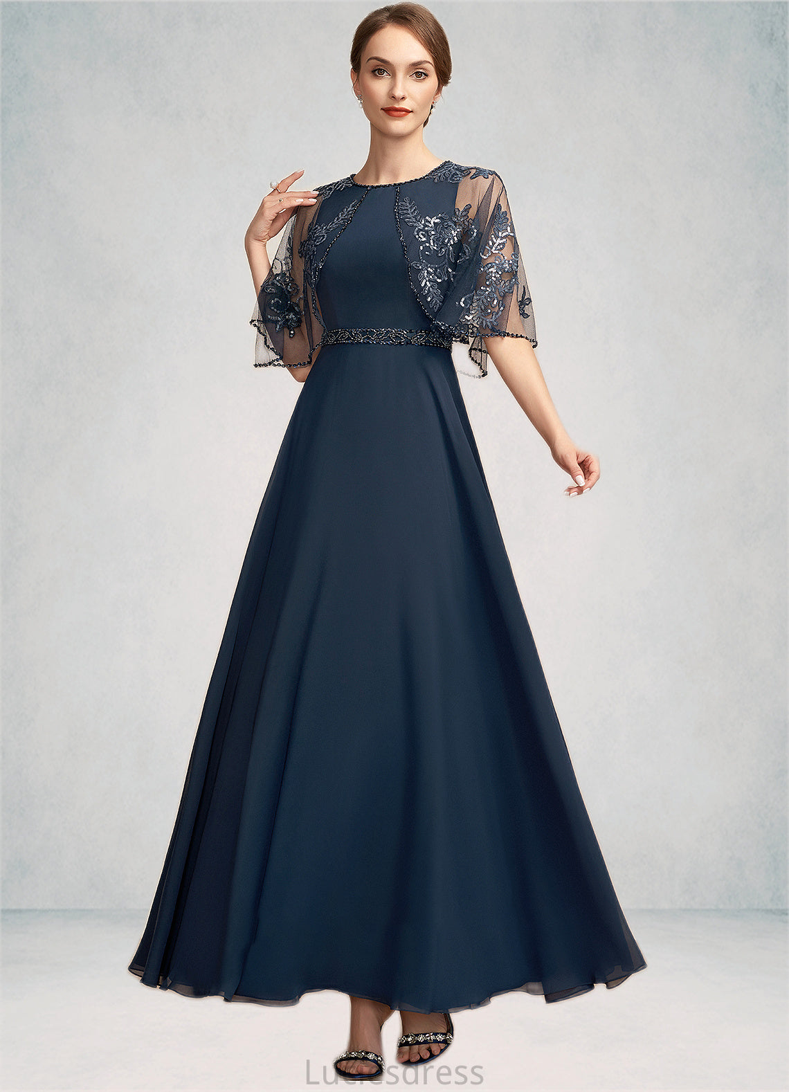 Aria A-Line Scoop Neck Ankle-Length Chiffon Lace Mother of the Bride Dress With Beading Sequins HF126P0014892