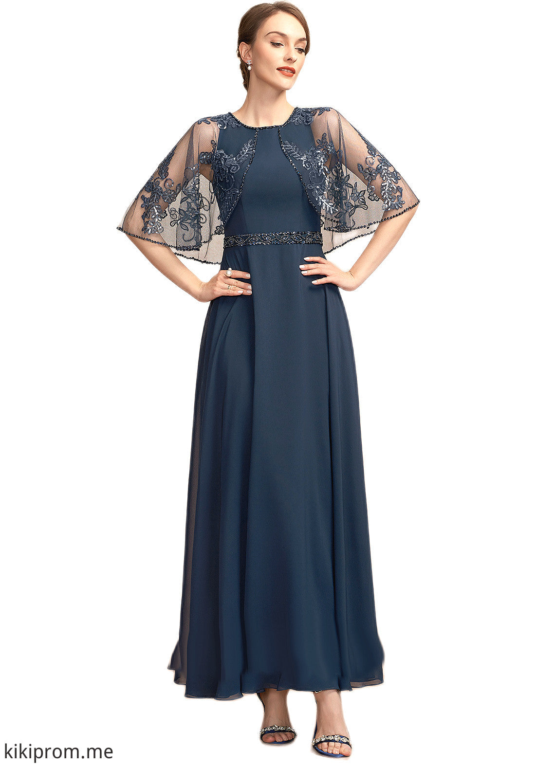 Linda A-Line Scoop Neck Ankle-Length Chiffon Lace Mother of the Bride Dress With Beading Sequins STF126P0014892