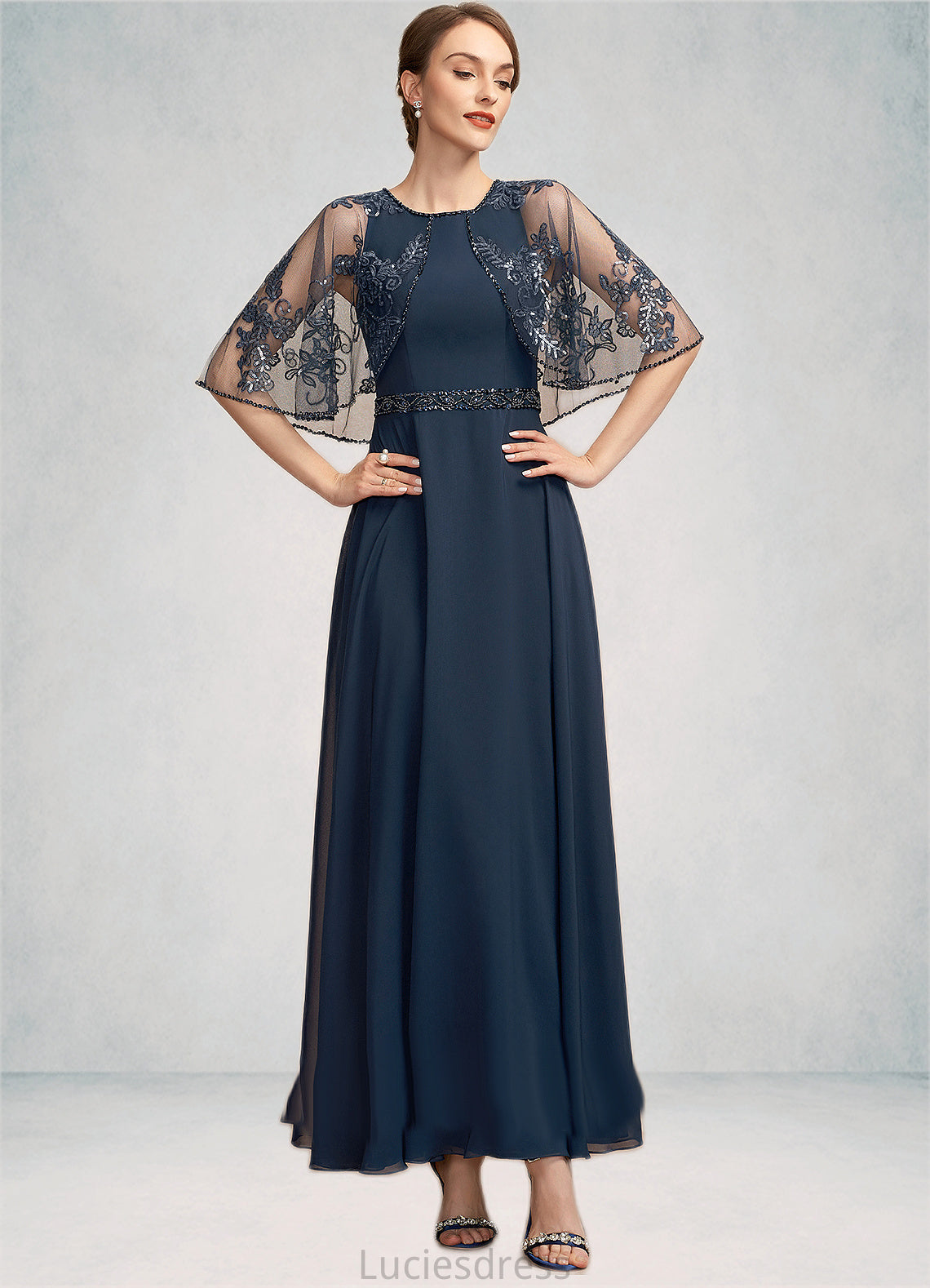 Aria A-Line Scoop Neck Ankle-Length Chiffon Lace Mother of the Bride Dress With Beading Sequins HF126P0014892