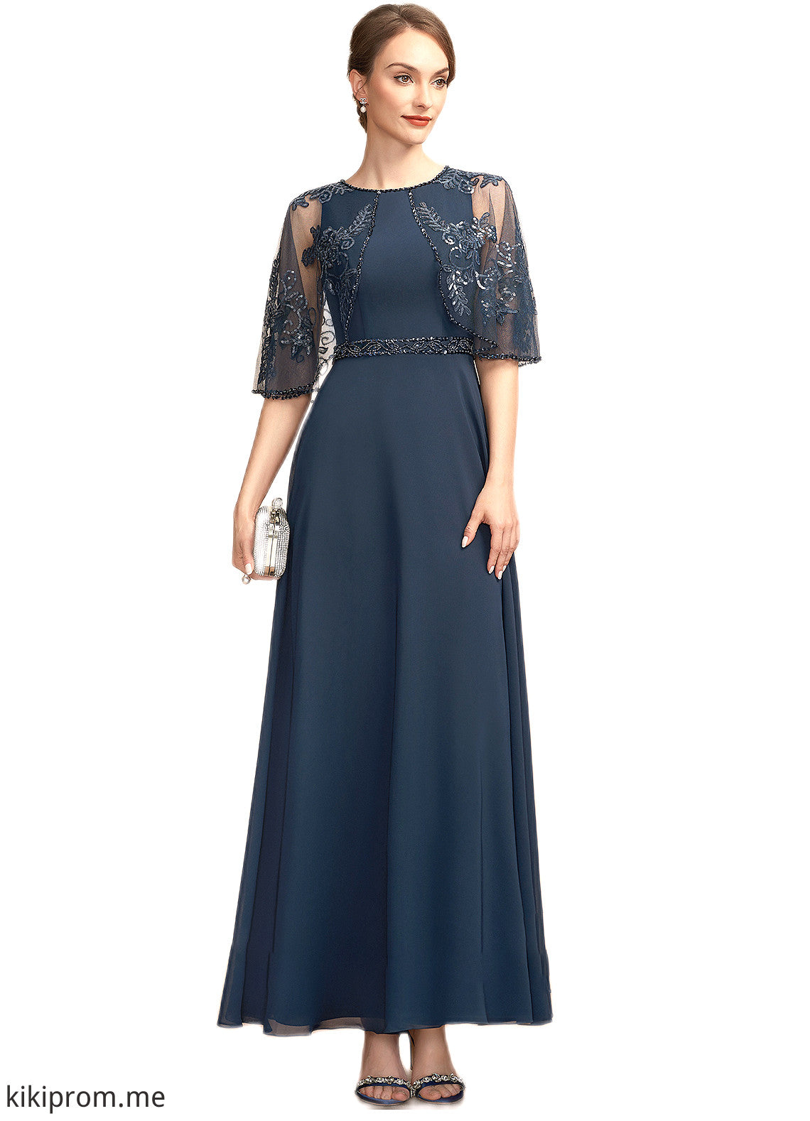 Linda A-Line Scoop Neck Ankle-Length Chiffon Lace Mother of the Bride Dress With Beading Sequins STF126P0014892