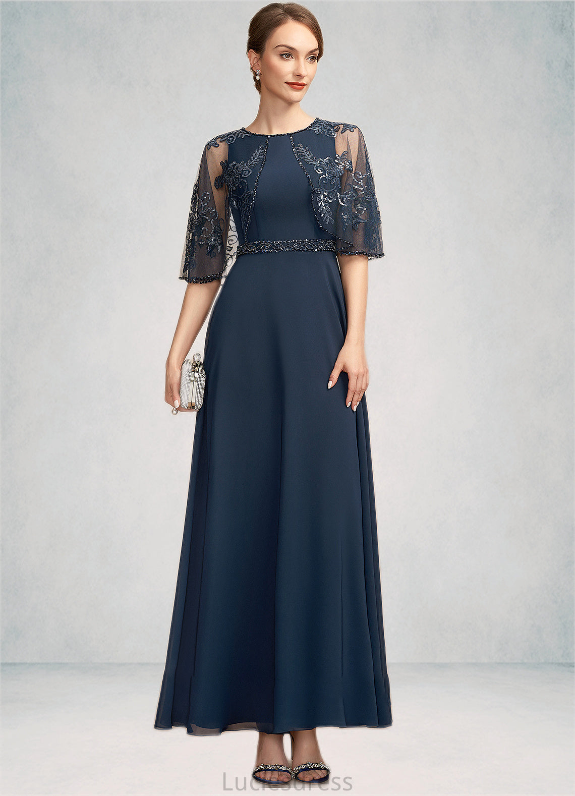 Aria A-Line Scoop Neck Ankle-Length Chiffon Lace Mother of the Bride Dress With Beading Sequins HF126P0014892