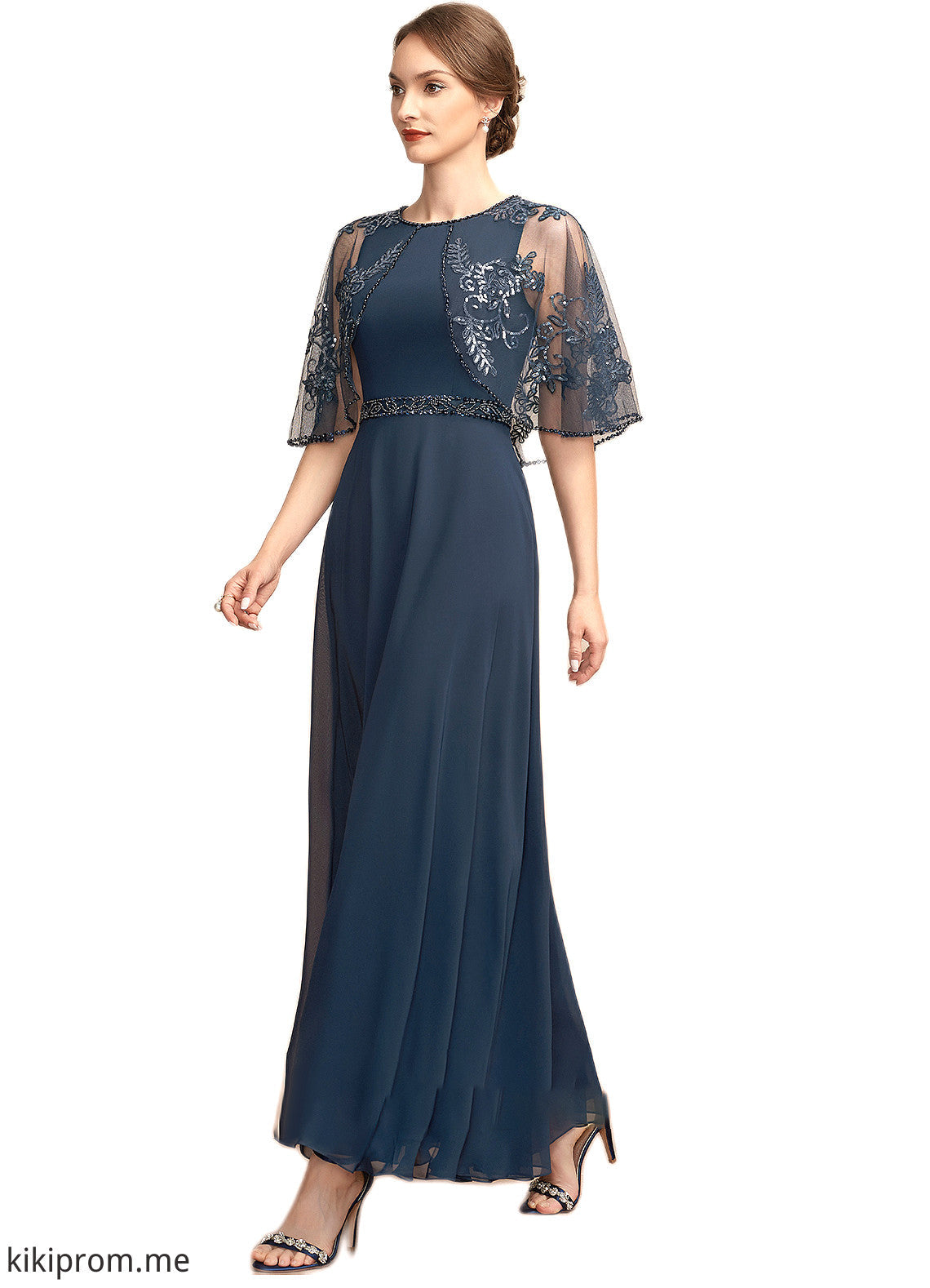 Linda A-Line Scoop Neck Ankle-Length Chiffon Lace Mother of the Bride Dress With Beading Sequins STF126P0014892