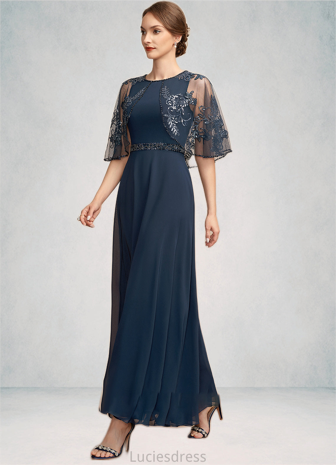 Aria A-Line Scoop Neck Ankle-Length Chiffon Lace Mother of the Bride Dress With Beading Sequins HF126P0014892