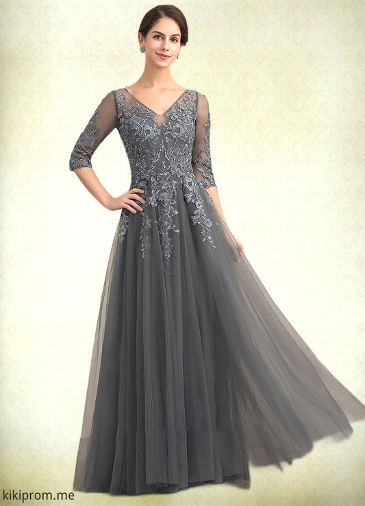 America A-Line V-neck Floor-Length Tulle Lace Mother of the Bride Dress With Beading Sequins STF126P0014895