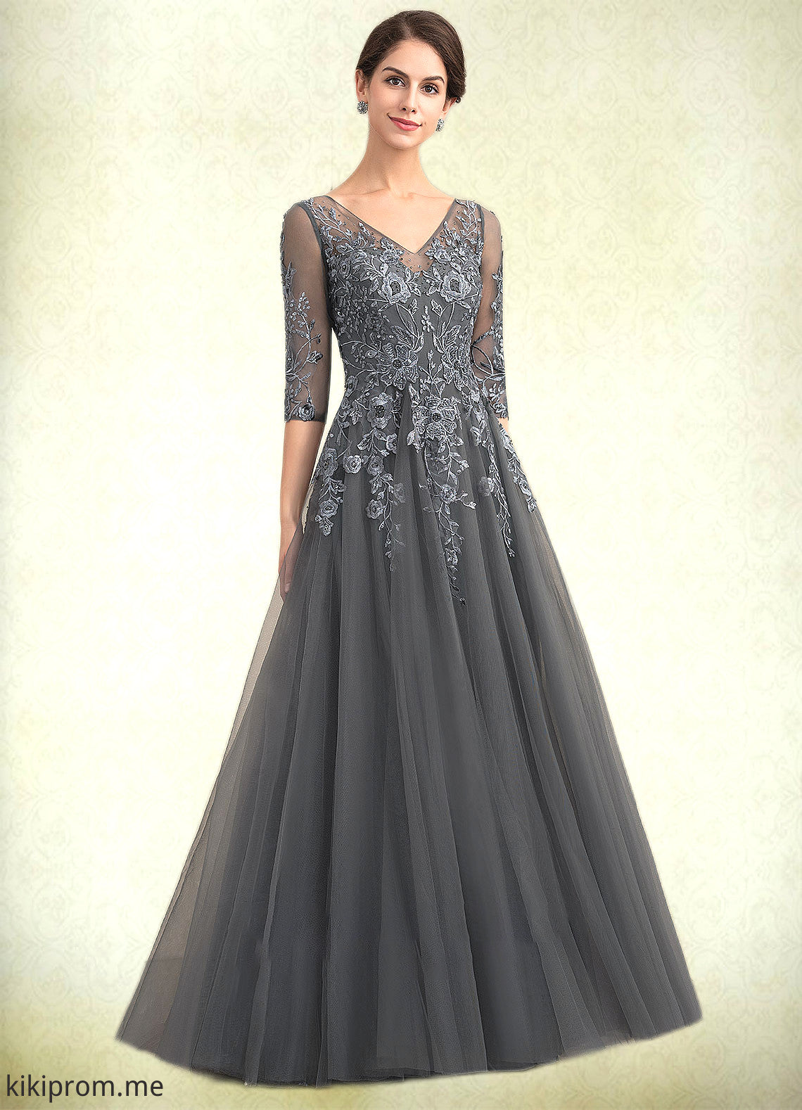 America A-Line V-neck Floor-Length Tulle Lace Mother of the Bride Dress With Beading Sequins STF126P0014895