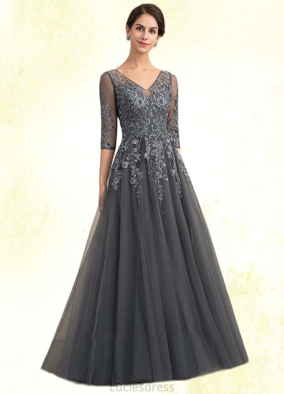 Bianca A-Line V-neck Floor-Length Tulle Lace Mother of the Bride Dress With Beading Sequins HF126P0014895