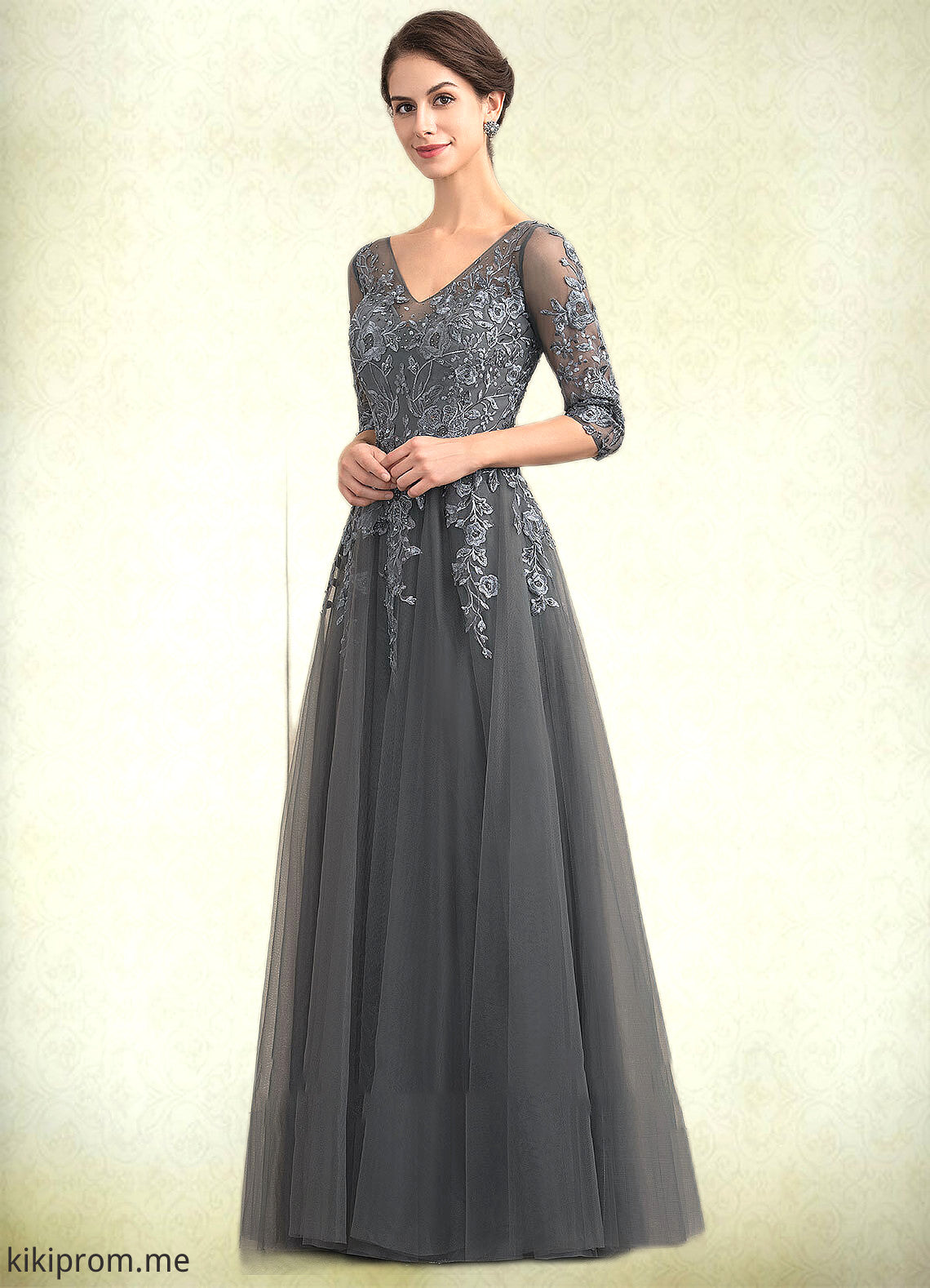 America A-Line V-neck Floor-Length Tulle Lace Mother of the Bride Dress With Beading Sequins STF126P0014895