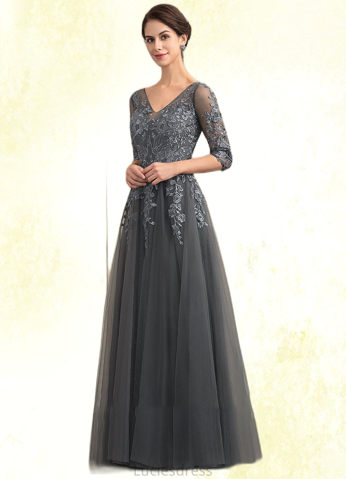 Bianca A-Line V-neck Floor-Length Tulle Lace Mother of the Bride Dress With Beading Sequins HF126P0014895