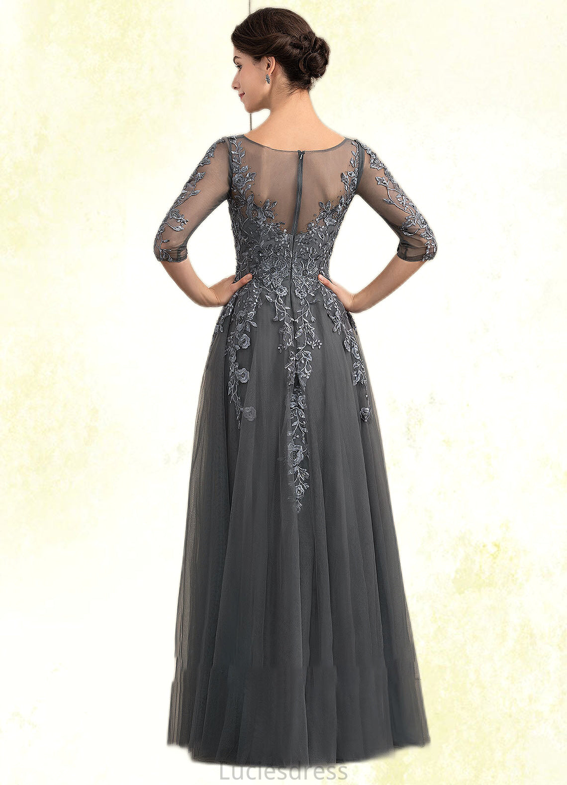 Bianca A-Line V-neck Floor-Length Tulle Lace Mother of the Bride Dress With Beading Sequins HF126P0014895