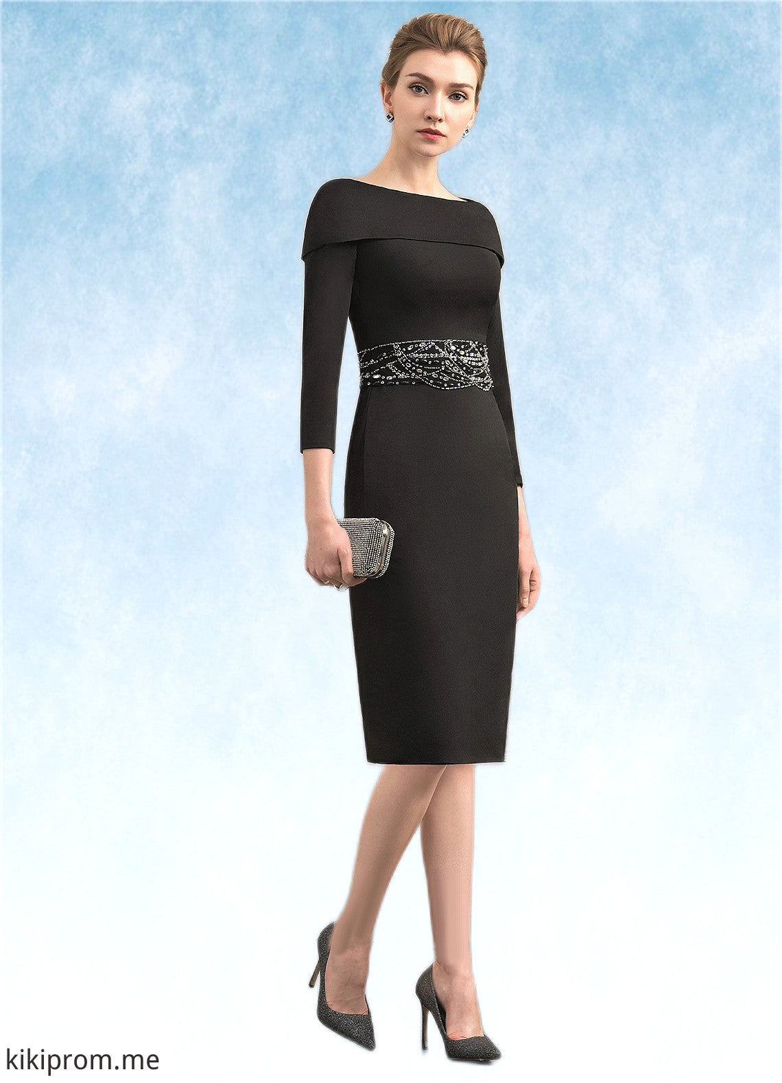 Alexandra Sheath/Column Off-the-Shoulder Knee-Length Jersey Mother of the Bride Dress With Beading Sequins STF126P0014897