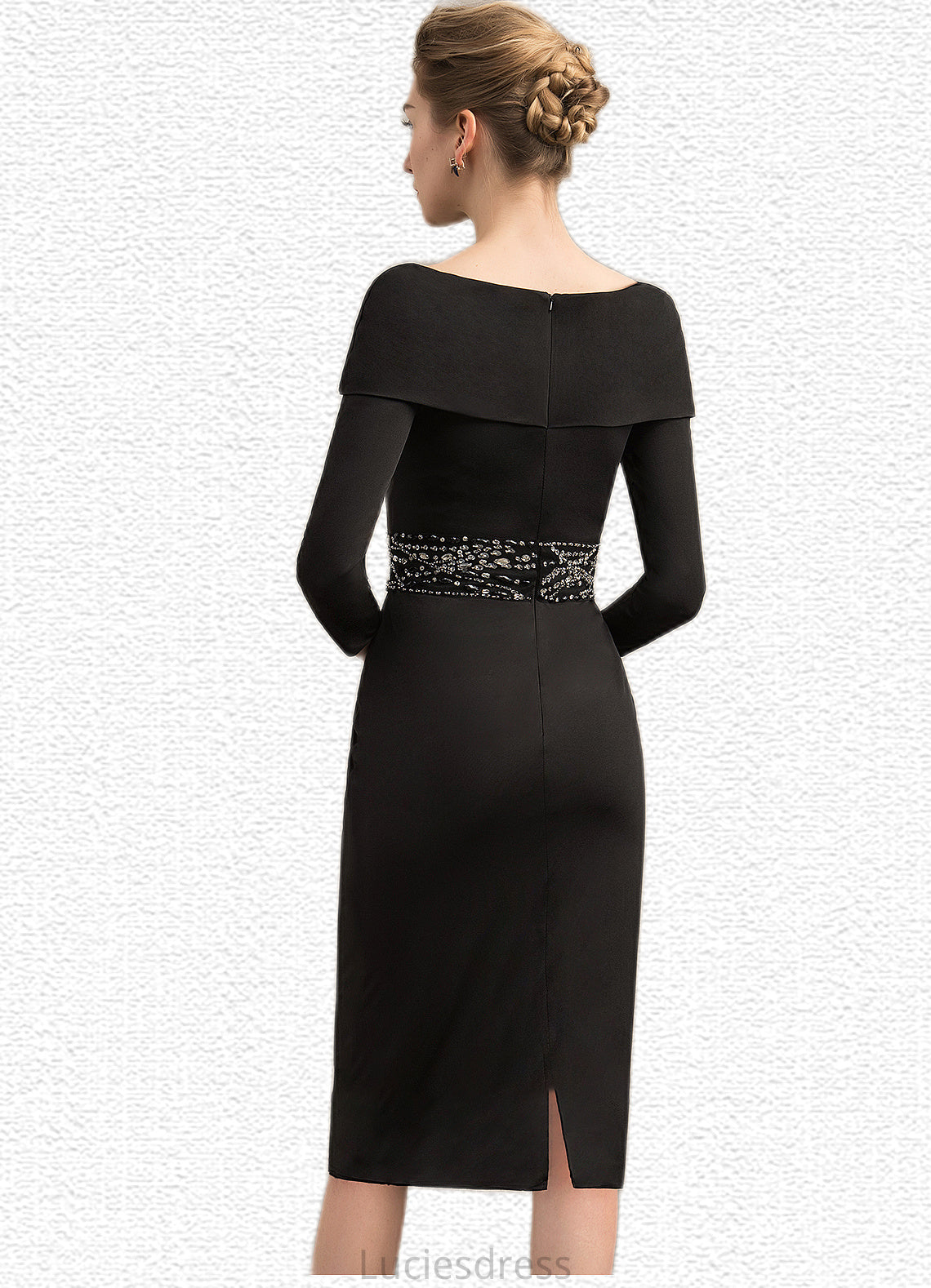 Kimberly Sheath/Column Off-the-Shoulder Knee-Length Jersey Mother of the Bride Dress With Beading Sequins HF126P0014897