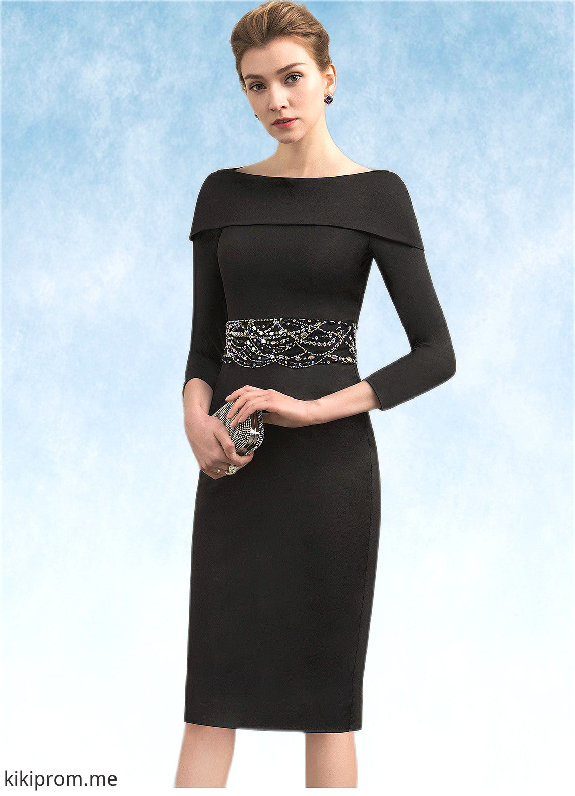 Alexandra Sheath/Column Off-the-Shoulder Knee-Length Jersey Mother of the Bride Dress With Beading Sequins STF126P0014897