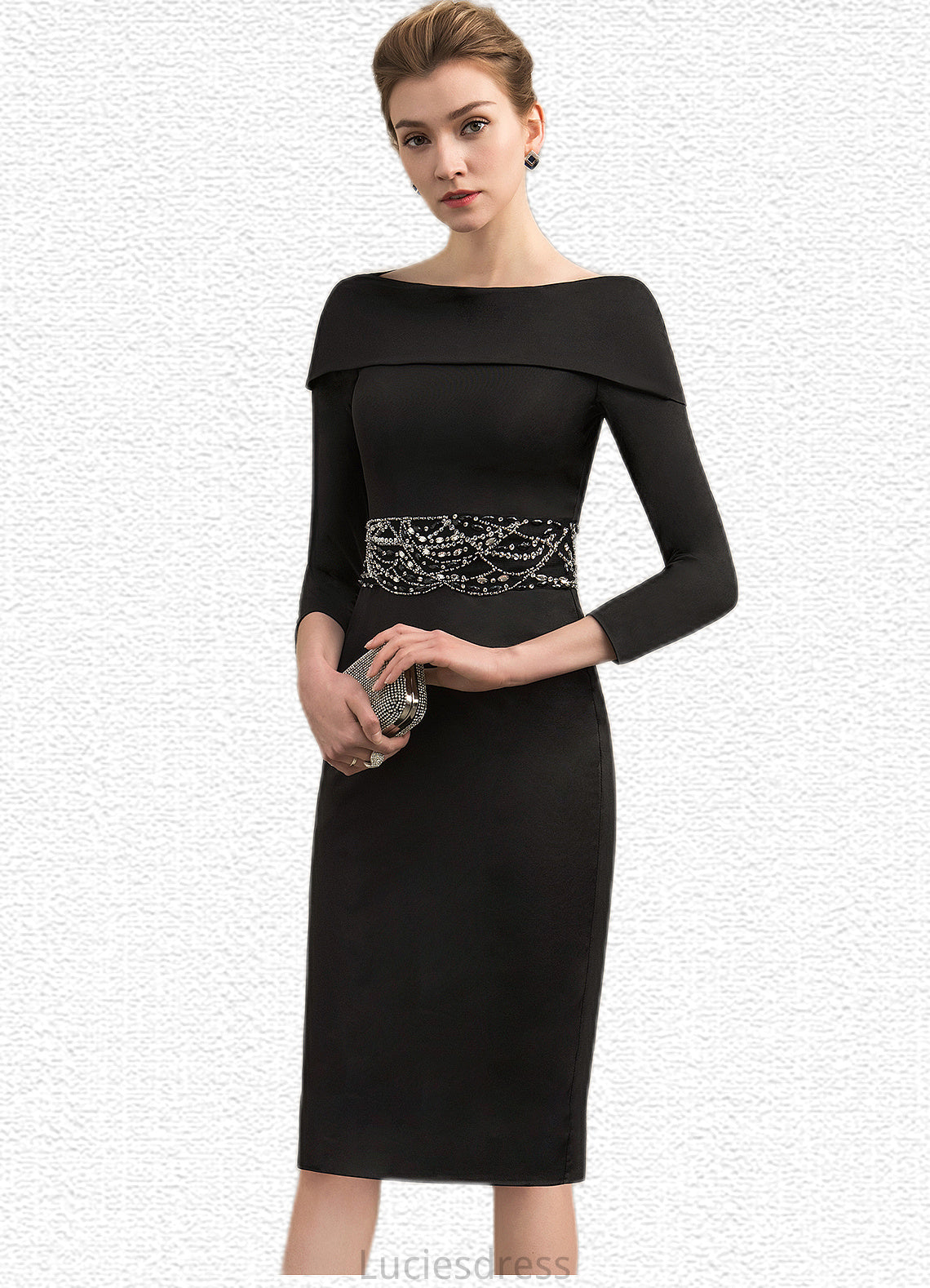 Kimberly Sheath/Column Off-the-Shoulder Knee-Length Jersey Mother of the Bride Dress With Beading Sequins HF126P0014897