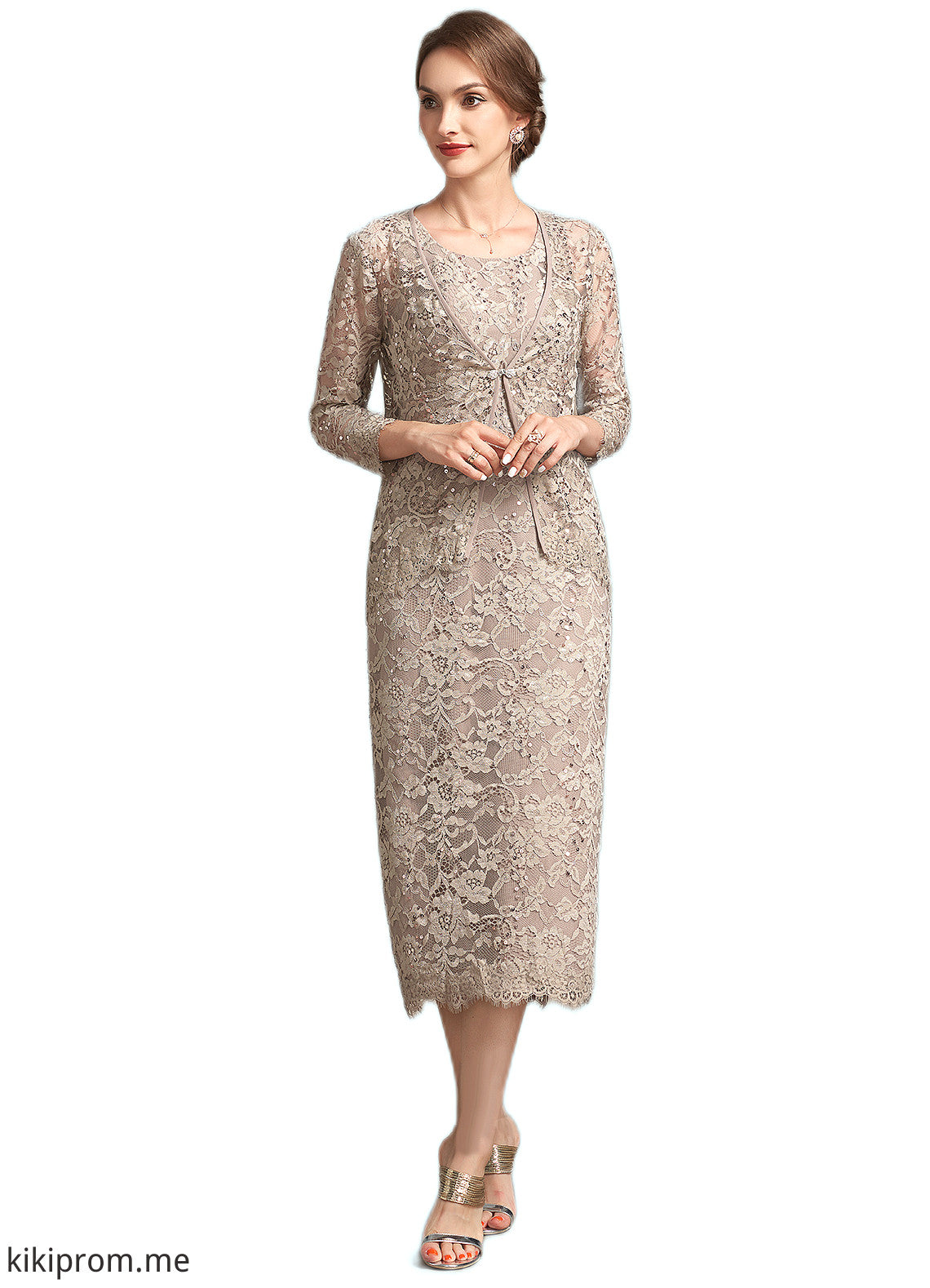 Yareli Sheath/Column Scoop Neck Tea-Length Lace Mother of the Bride Dress With Sequins STF126P0014898