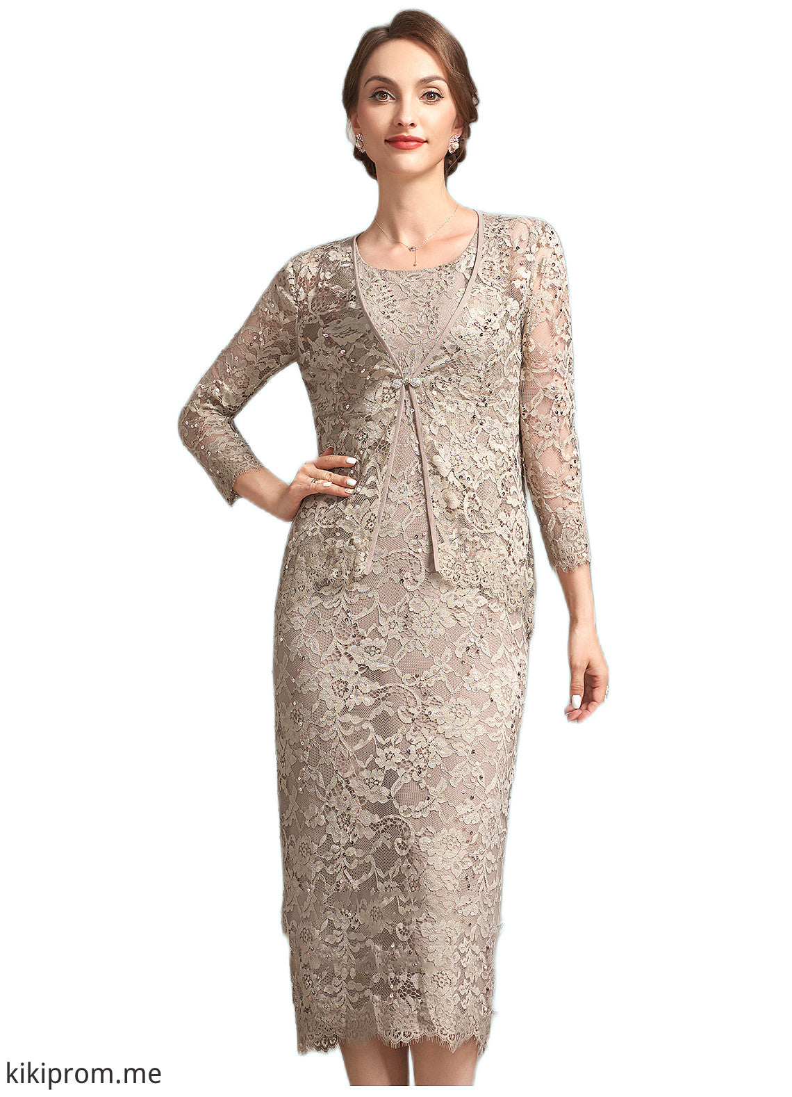 Yareli Sheath/Column Scoop Neck Tea-Length Lace Mother of the Bride Dress With Sequins STF126P0014898