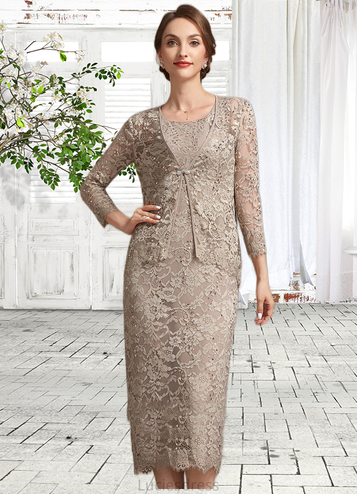 Skylar Sheath/Column Scoop Neck Tea-Length Lace Mother of the Bride Dress With Sequins HF126P0014898