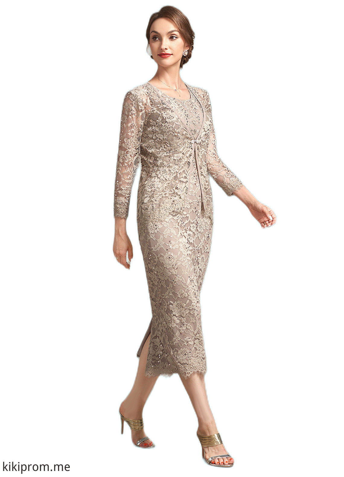 Yareli Sheath/Column Scoop Neck Tea-Length Lace Mother of the Bride Dress With Sequins STF126P0014898