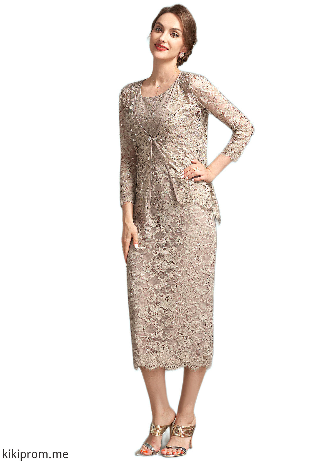 Yareli Sheath/Column Scoop Neck Tea-Length Lace Mother of the Bride Dress With Sequins STF126P0014898