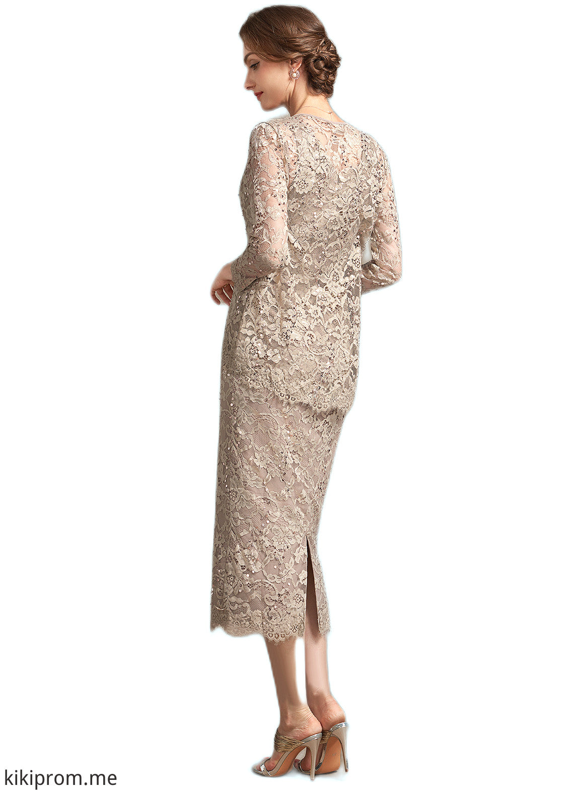 Yareli Sheath/Column Scoop Neck Tea-Length Lace Mother of the Bride Dress With Sequins STF126P0014898