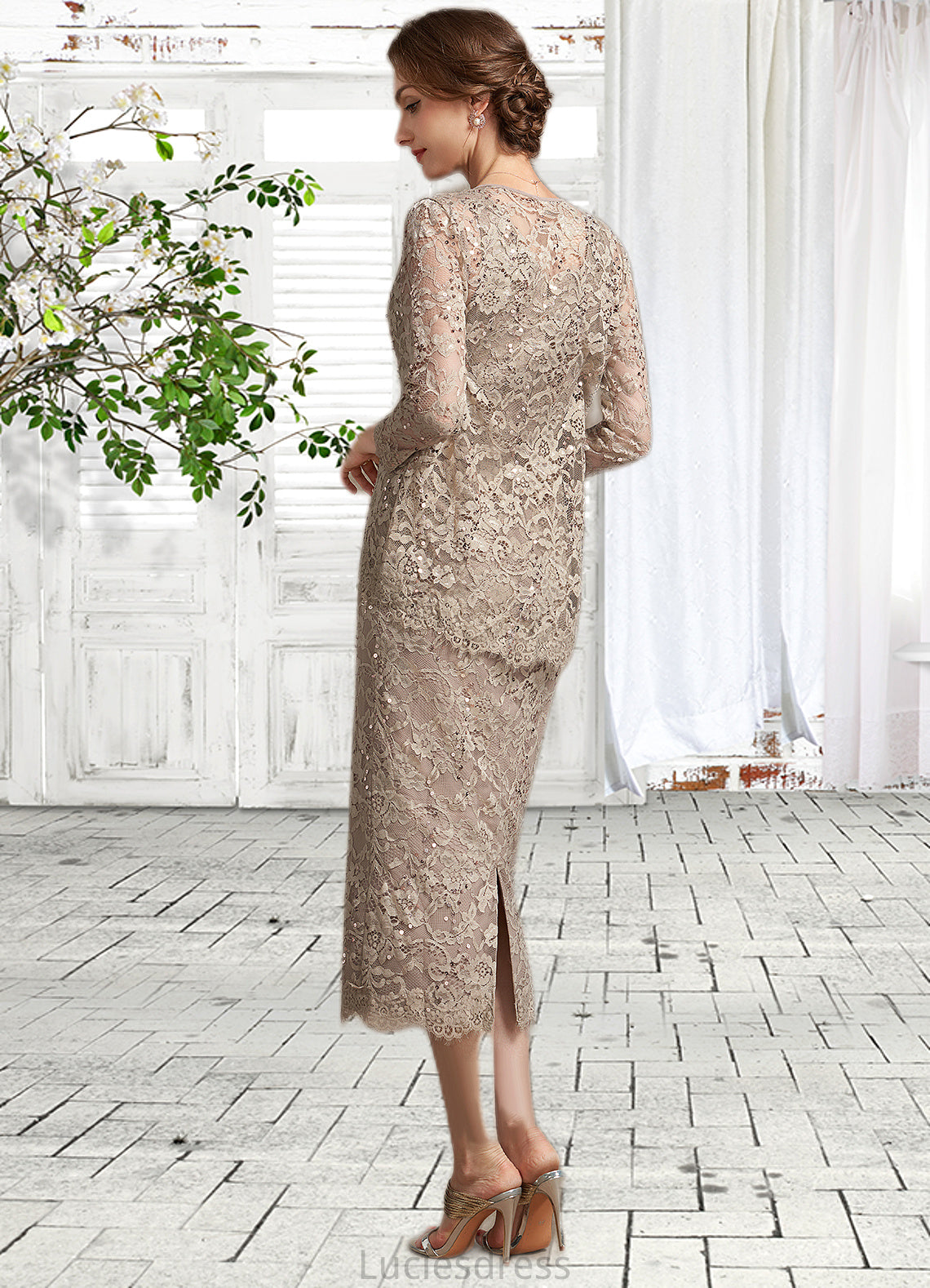 Skylar Sheath/Column Scoop Neck Tea-Length Lace Mother of the Bride Dress With Sequins HF126P0014898