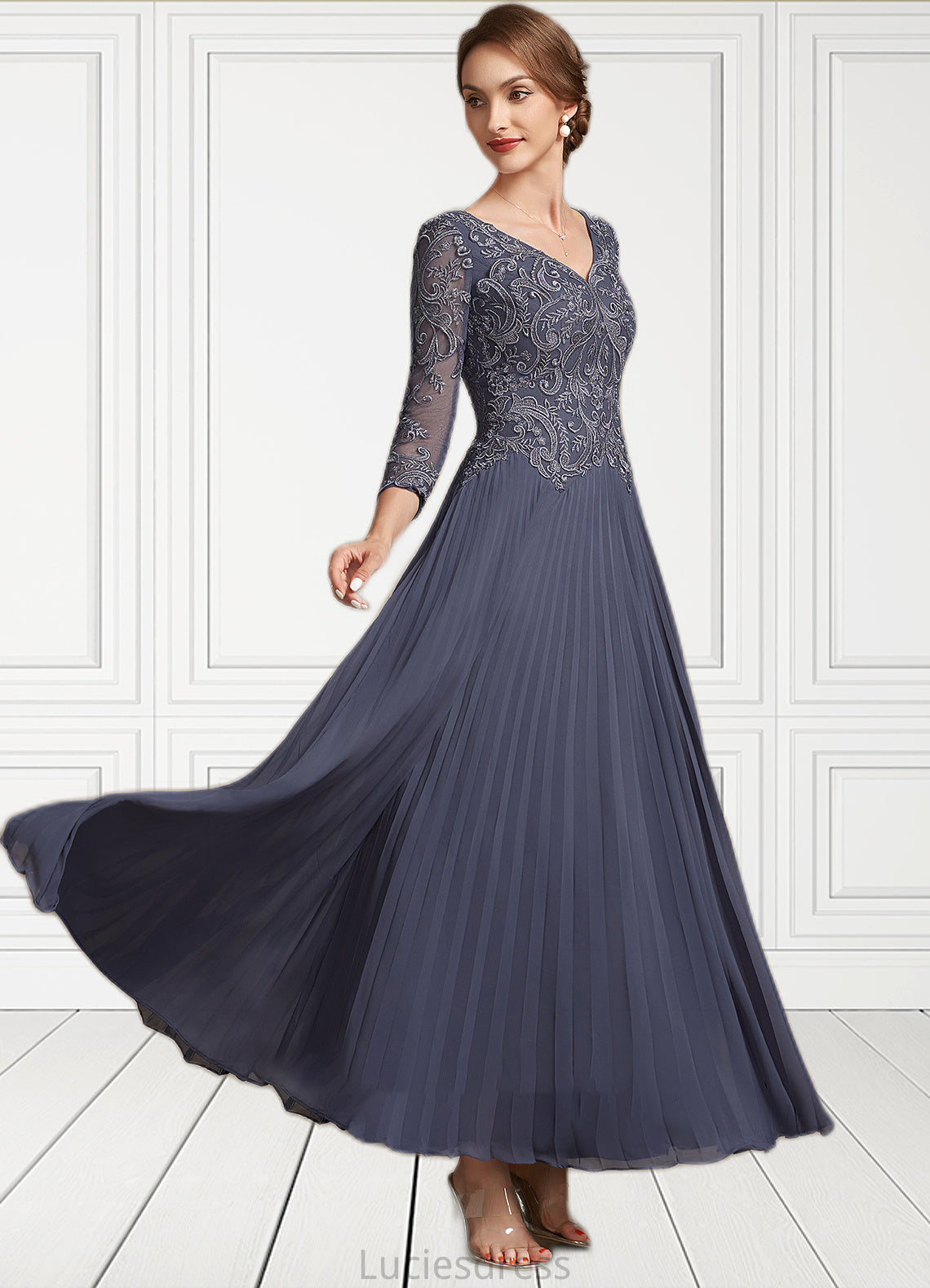 Aurora A-Line V-neck Ankle-Length Chiffon Lace Mother of the Bride Dress HF126P0014899