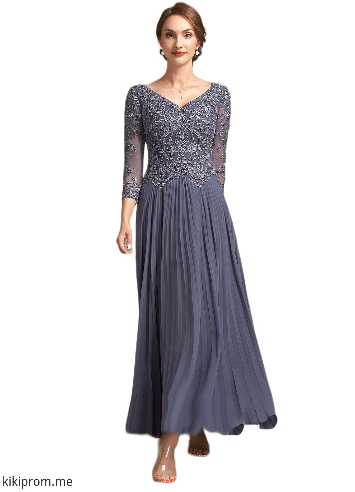 Josephine A-Line V-neck Ankle-Length Chiffon Lace Mother of the Bride Dress STF126P0014899