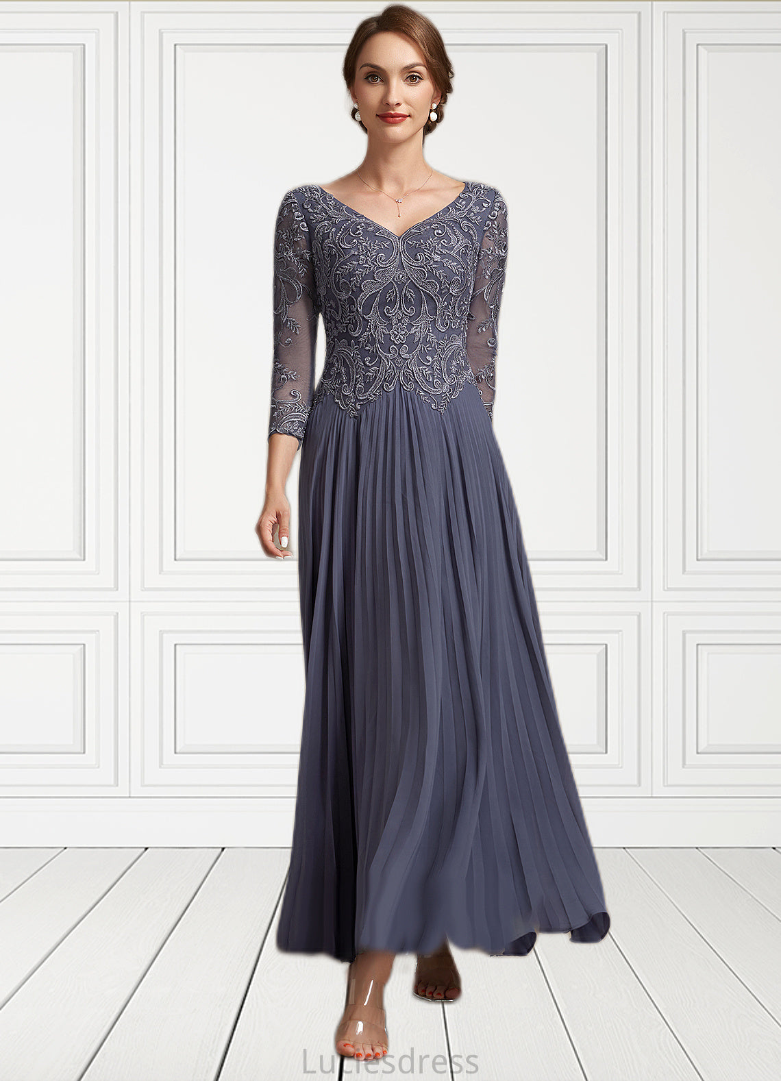 Aurora A-Line V-neck Ankle-Length Chiffon Lace Mother of the Bride Dress HF126P0014899