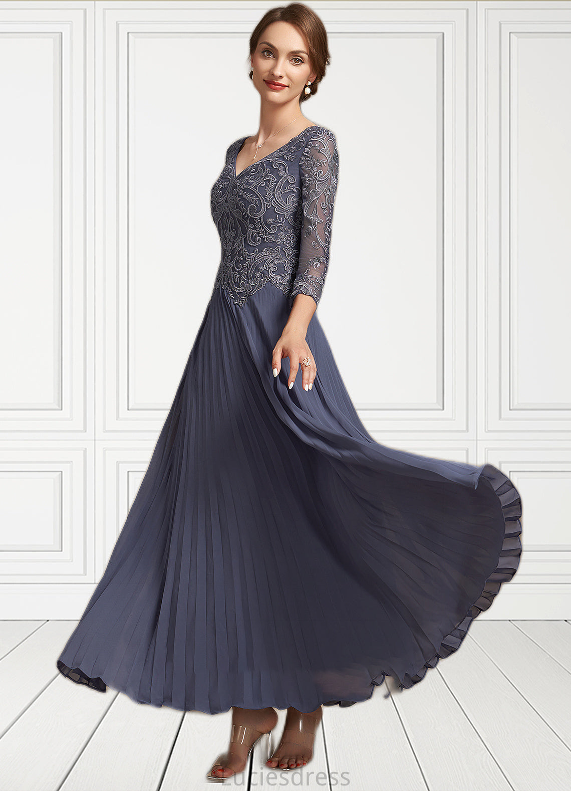 Aurora A-Line V-neck Ankle-Length Chiffon Lace Mother of the Bride Dress HF126P0014899