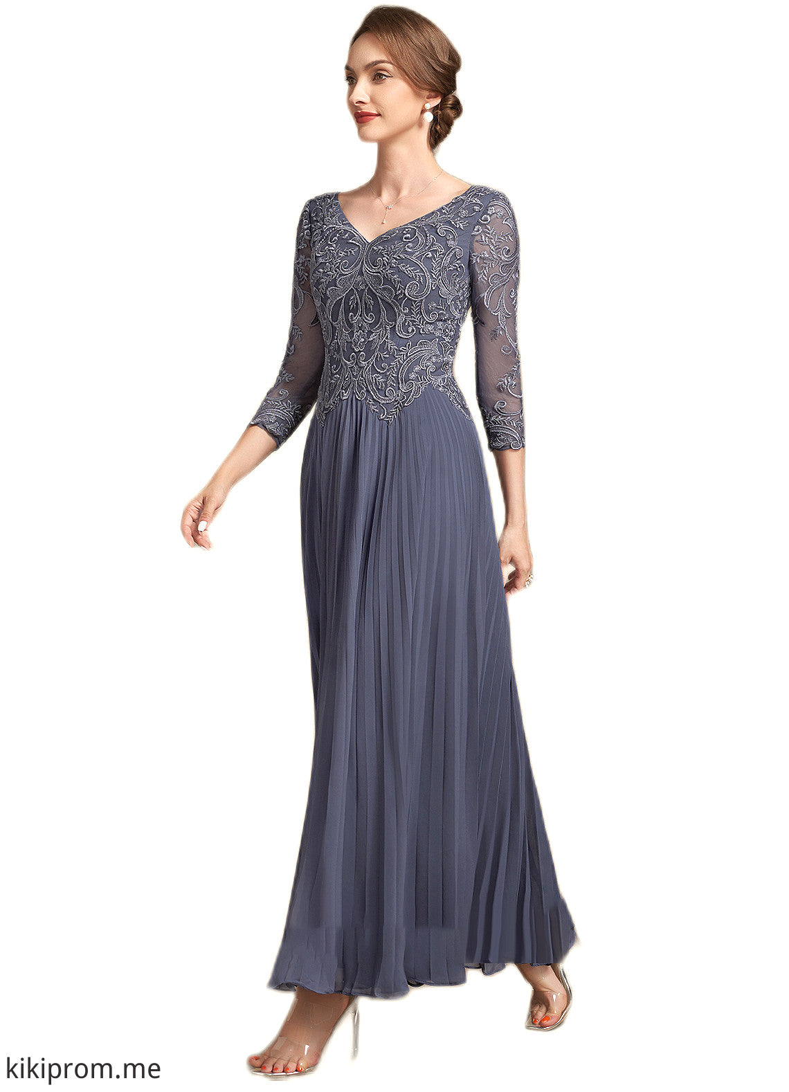 Josephine A-Line V-neck Ankle-Length Chiffon Lace Mother of the Bride Dress STF126P0014899